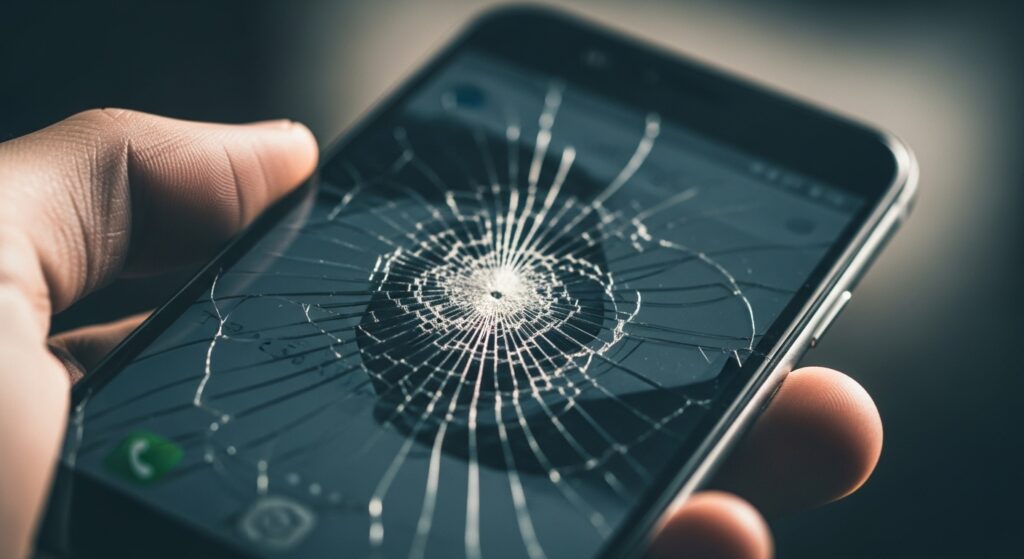 Smartphone showing a fake cracked screen prank with realistic spider-web crack lines